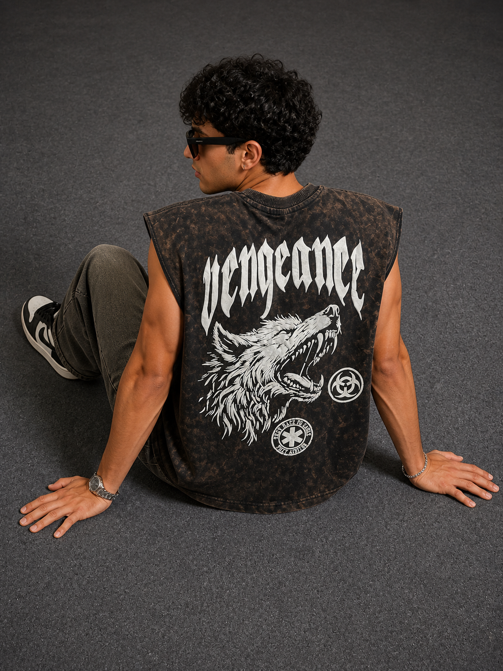 Vengeance Graphic Sleeveless Tee – Acid Wash Streetwear | Valrow