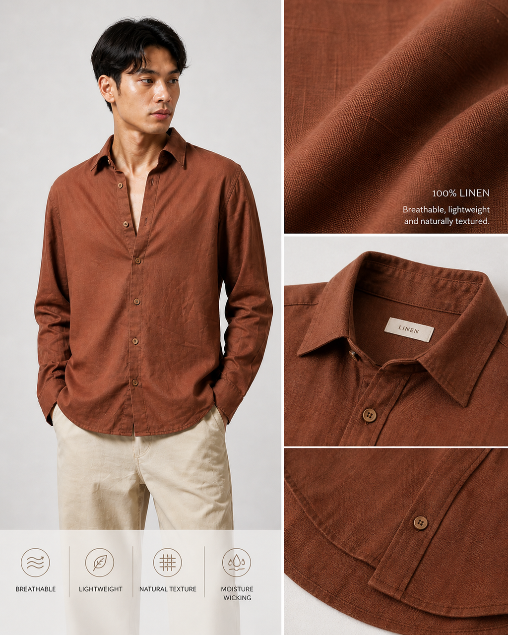 Rust Brown Linen Shirt | Breathable Lightweight Linen | Valrow