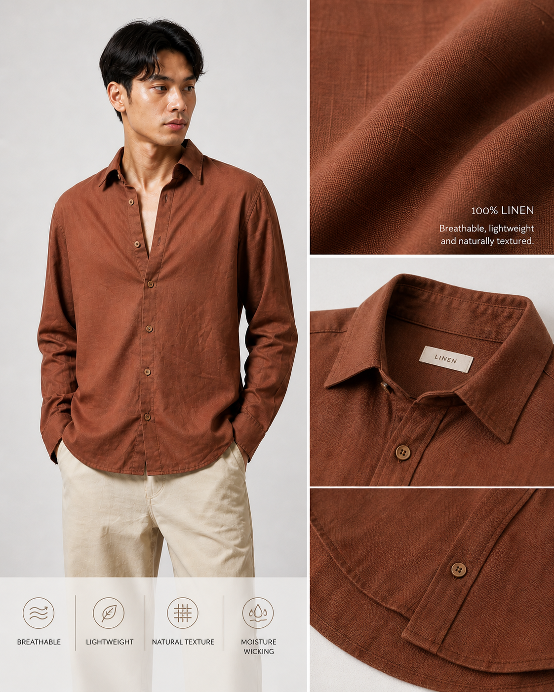 Rust Brown Linen Shirt | Breathable Lightweight Linen | Valrow